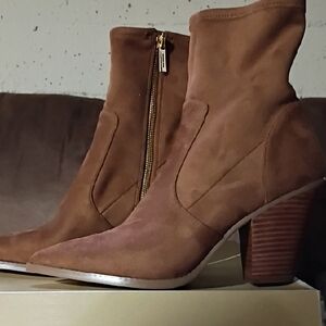 Michael Kors Tan Suede Pointed Toe Ankle Boots with Stacked Heel